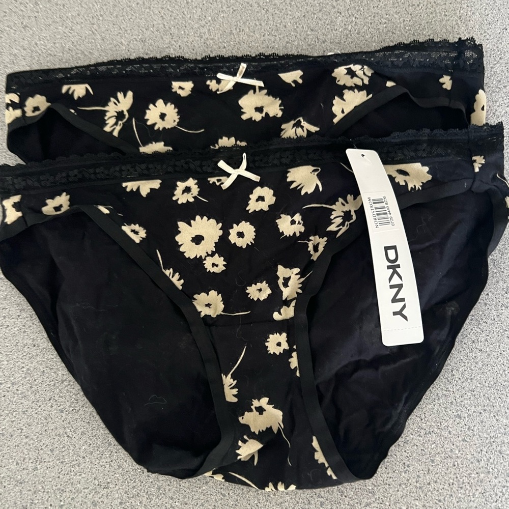 DKNY Black and Cream Floral Cotton Bikini Bottoms M